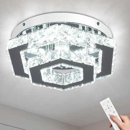 Modern Chandelier Crystal Flush Mount Ceiling Light LED Pendant Lamp Dimmable Chandelier for Dining Room Living Room Bedroom Kitchen Hallway(Remote Control)