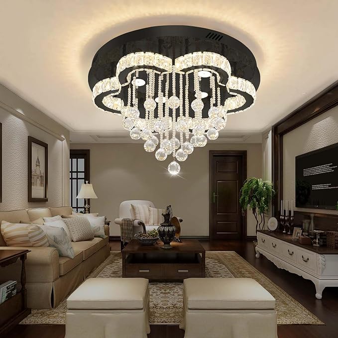 Flashing God Modern Chandelier for Living Room 24 inch Raindrop Chandeliers Flush Mount Crystal Chandelier for Bedroom Dining Room LED Dimming 2700k 4500k 6000k