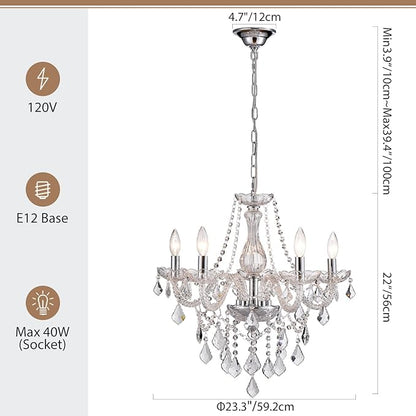 5-Light Modern Candle Crystal Glass Chandelier Pendant Ceiling Lighting Fixture for Dining Room Kitchen Hallway Living Room Bedroom Bar Closet, 23" Chrome Contemporary Elegant Lamp