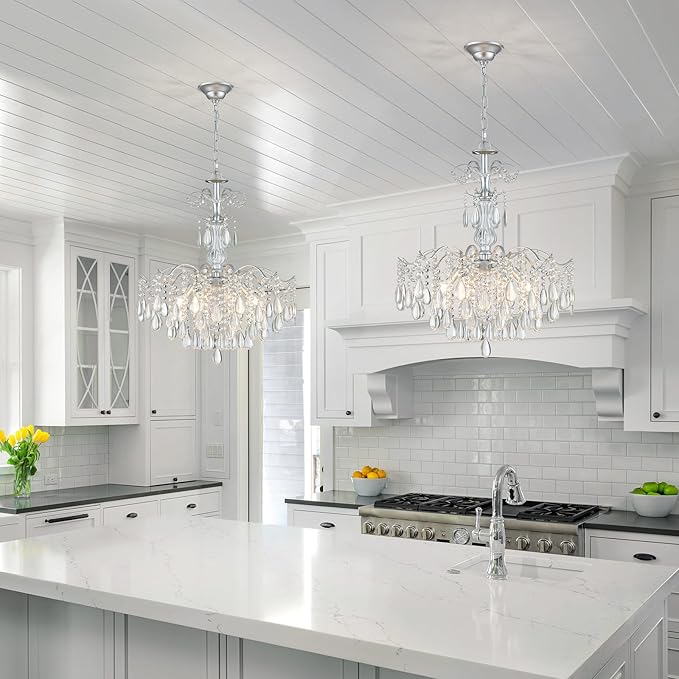 WUZUPS 6-Light Crystal Chandelier Pendant Ceiling Light Modern Lighting Fixture for Bedroom Hallway Bar Kitchen Bathroom, H 25.6" W21.7, E12 Base, Silver
