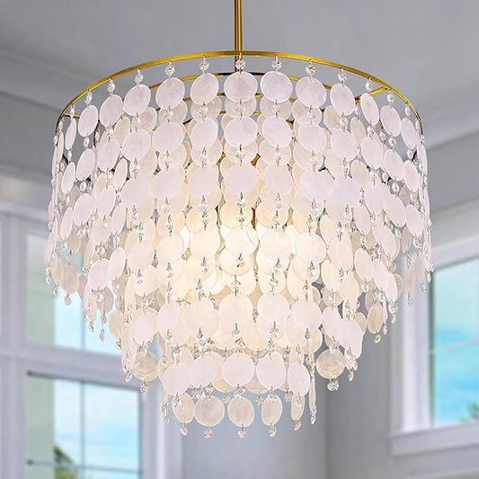 TOCHIC Natural Capiz Shell Chandelier, 6-Light Gold Modern Coastal Chandelier Light Fixture for Dining Room, Hanging Boho Round Beach Shell Pendant Light for Living Room, Bedroom, Kitchen, Foyer, 24"W