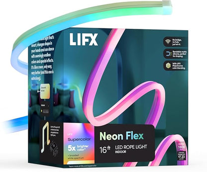 LIFX Supercolor Neon Flex Light Strip, 16ft Bendable RGBW LED Smart Neon, 60 Addressable Color Zones with Polychrome, Wi-Fi No Hub Required, Compatible with Alexa, Google, Apple HomeKit, LFXNEON16