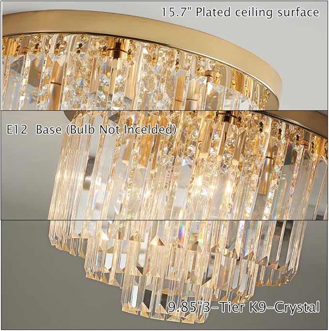 Modern French Gold Crystal Chandelier Ceiling Light,16" Semi Flush Mount 5-Lights 3-Tier Crystal Round Chandelier Light for Bedroom Living Room
