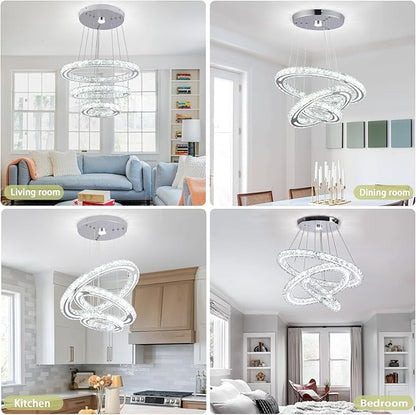 FRIXCHUR LED Crystal Ring Chandelier, Modern 3 Ring Chandelier Light Fixture, Adjustable Hanging Pendant Light for Dining Room Living Room Bedroom, Cool White