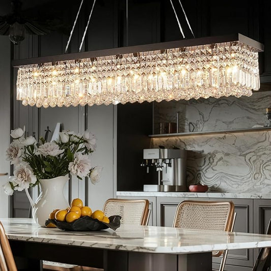 59-inch Modern Crystal Chandelier,13-Light K9 Crystal Rectangle Chandelier for Dining Room,Kitchen Island Adjustable Hanging Pendant Light Fixture,Black Finish