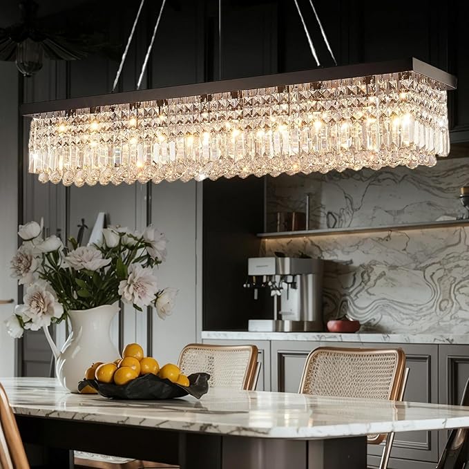 Modern Crystal Chandelier for Dining Room,10-Light Black Rectangle Pendant Ceiling Light Fixture for Kitchen Island Bar, L47 x W10 x H10