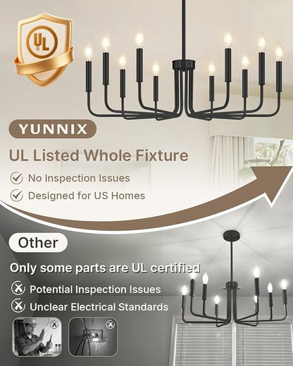 Yunnix 10 Light Black Chandelier, 33" Extra Large Modern Farmhouse Chandelier - Matte Black Hanging Light Fixture Industrial Dining Room Light for Kitchen Island, Living Room, Hall, Foyer