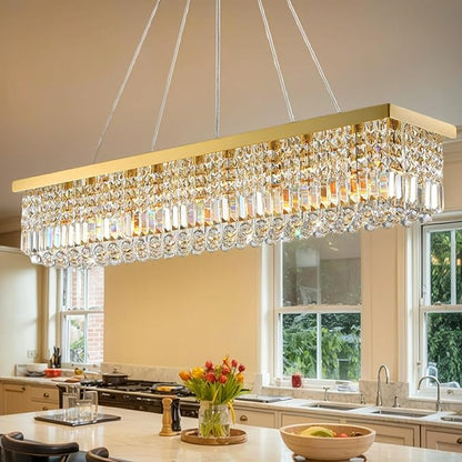 Modern Crystal Chandelier for Dining Room,10-Light K9 Rectangle Farmhouse Chandeliers,Gold Chandeliers,Pendant Light Kitchen Island Bar Bedroom Party Wedding Hotel