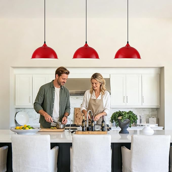 9.8 inch Modern Farmhouse Pendant Lights Kitchen Island 3 Pack, Red Dome Pendant Lights, Vintage Industrial Kitchen Pendant Lighting, Island Lights for Kitchen, Dining Room