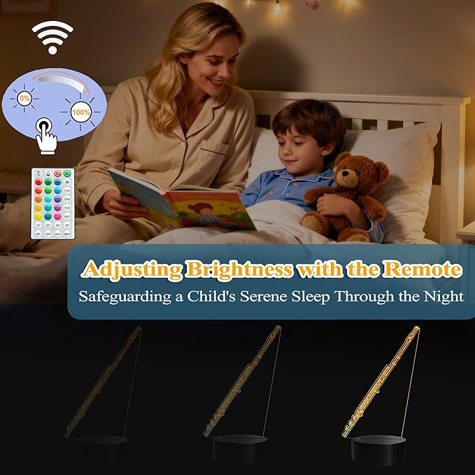 Flute Night Light, Flute Gifts, 3D Illusion Lamp with Remote Control, 16 RGB Colors, 4 Flashing Modes, Timer, Dimmable, Flute Instruments Accessories for Holiday Birthday Christmas