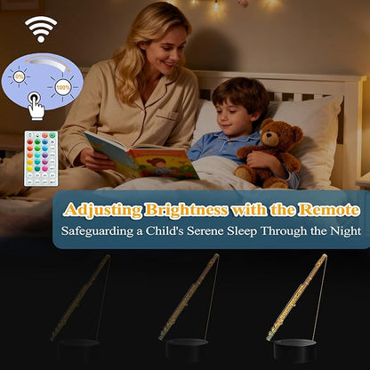 Flute Night Light, Flute Gifts, 3D Illusion Lamp with Remote Control, 16 RGB Colors, 4 Flashing Modes, Timer, Dimmable, Flute Instruments Accessories for Holiday Birthday Christmas