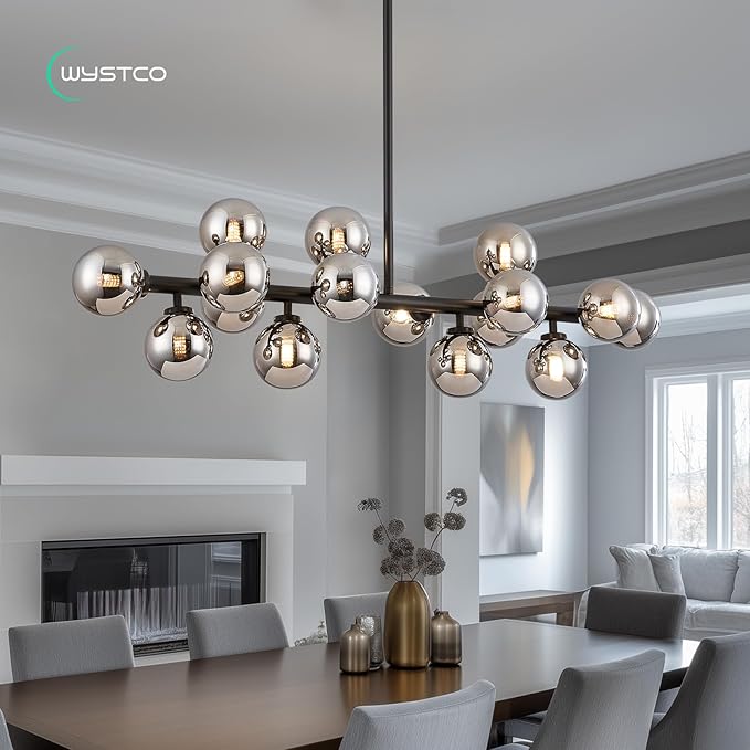 16-Light Globe Sputnik Chandelier, Mid Century Modern Light Fixture Over Table, Black Linear Chandeliers for Dining Room and Kitchen Island (Smoke Grey Glass Bubble Shades, 40 Inch)