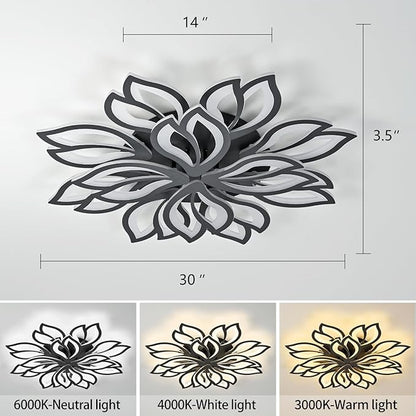 Modern Black Flower Ceiling Light Fixture, 30 Inch Dimmable Flush Mount with 12 Leaves, Low Profile for Living Room, Dining Room, Bedroom