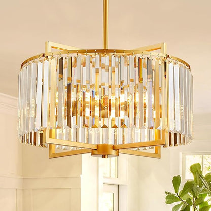 Modern Drum Crystal Chandelier for Dining Room, 20" Round Rustic 5-Light Gold Pendant Lightting Fixture for Living Room Kitchen Island Bedroom Hallway Foyer