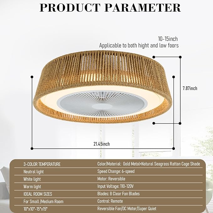 21.5" Boho Caged Ceiling Fan with Lights Farmhouse Rattan Flush Mount Fandlier Light Hanwoven Paper Rope Fan Chandelier with Remote Reversible for Bedroom Dining Study Living Room Kitchen Entry