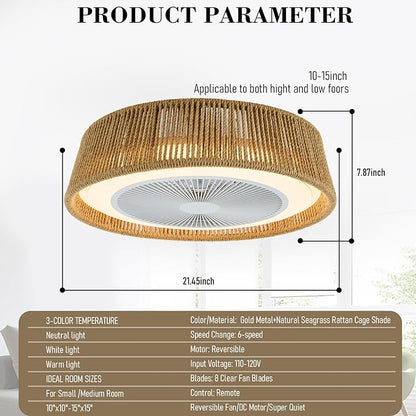 21.5" Boho Caged Ceiling Fan with Lights Farmhouse Rattan Flush Mount Fandlier Light Hanwoven Paper Rope Fan Chandelier with Remote Reversible for Bedroom Dining Study Living Room Kitchen Entry