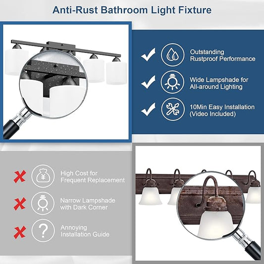 Black Bathroom Lighting Fixtures Over Mirror, 5-Light Anti-Rust Vanity Light for Bathroom, 28.34Inches Modern Wall Sconce, Standard E26 Base, Milky White Glass Shades, Bulbs Not Included