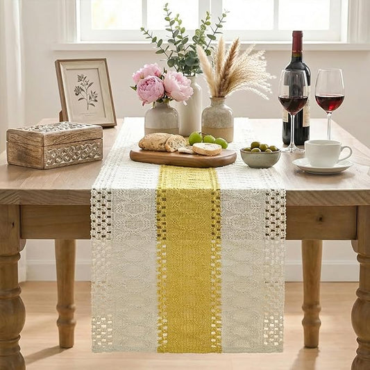 Artoid Mode Yellow Farmhouse Rustic Table Runner, Seasonal Holiday Hollow Kitchen Dining Table Decoration for Home Party Decor 12x36 Inch