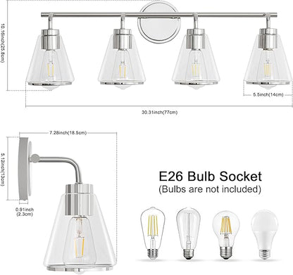Polished Nickel Bathroom Light Fixtures 4 Light Bathroom Vanity Lights Over Mirror with Clear Glass Shade, 30 Inch Vanity Lights for Bath-Room Modern Wall Sconce Lighting (Exclude E26 Bulb)