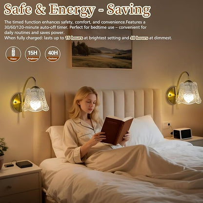 Wireless Wall Sconce with Flower lampshade, Battery Operated Wall Lights,Wall lamp with 15 Colors for Bedroom Living Room Home Decor (Clear Flower, 2 Light Battery Operated)