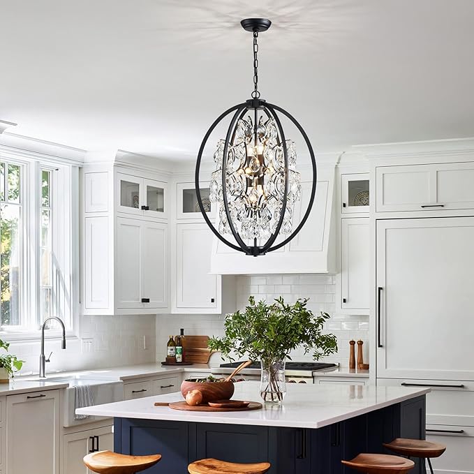 WUZUPS Globe Crystal Chandelier Raindrop Pendant Flushmount Ceiling Light Modern Lighting Fixture for Bedroom Hallway Bar Kitchen Bathroom, H 23.6" x W 19.7", Black, 8 E12 Base
