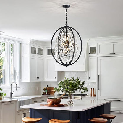 WUZUPS Globe Crystal Chandelier Raindrop Pendant Flushmount Ceiling Light Modern Lighting Fixture for Bedroom Hallway Bar Kitchen Bathroom, H 23.6" x W 19.7", Black, 8 E12 Base