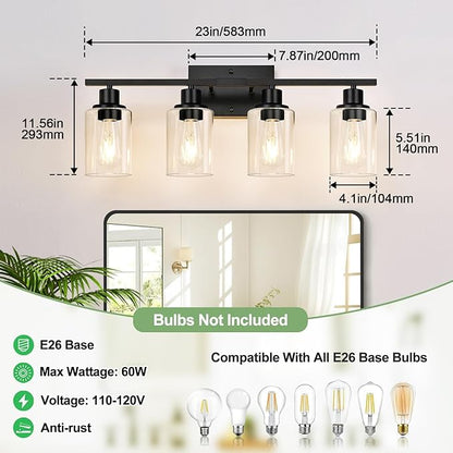 Indoi 4-Light Bathroom Light Fixtures, Matte Black Modern Vanity Lights with Clear Glass Shades, Bathroom Wall Lamp for Mirror Living Room Cabinet Bedroom Porch