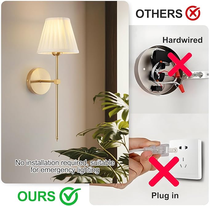 Cordless Battery Operated Wall Sconces Set of 2, Rechargeable Wall Sconce with Remote, Fabric Shade Wireless Wall Sconce Fixtures for Bedroom, Living Room, Bedside (2 Bulbs Included)