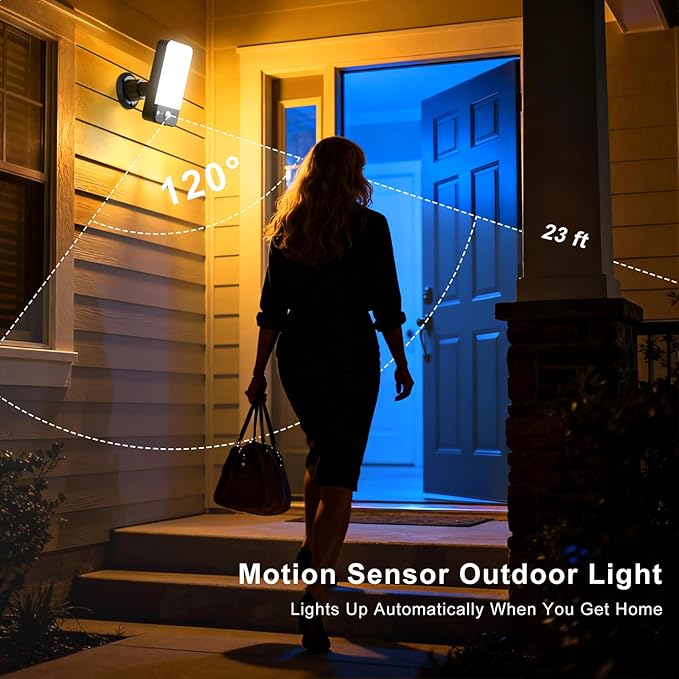 Motion Sensor Outdoor Light, 10000mAh Rechargeable Battery Operated Outdoor Light with 3 Modes, 3000-6000K Dimmable IP65 Waterproof Security Lights for House, Fences, Porches, Garden (2, Black)