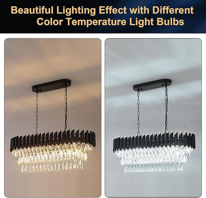 A AXILIXI Modern Rectangular Chandelier Black and Gold Crystal Chandeliers for Dining Room Linear Ceiling Pendant Light Long 32” Luxury Oval Chandelier 8 Lights for Kitchen Island Living Room