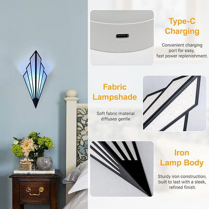 Modern Battery Operated Wall Sconces Set of Two, Simple Creative Wall Lamp Art Deco Lighting Fixture with Remote Control, RGB Dimmable Led Wall Light for Bedside Bedroom Living Room (Black)