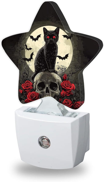 Gothic Black Cat Night Light for Kids,Halloween Skull Bat Rose Flower Night Lights Plug Into Wall, Lightweight Dusk To Dawn Light Sensor Warm Nightlights for Girls Boys Bedroom Nursery Basement