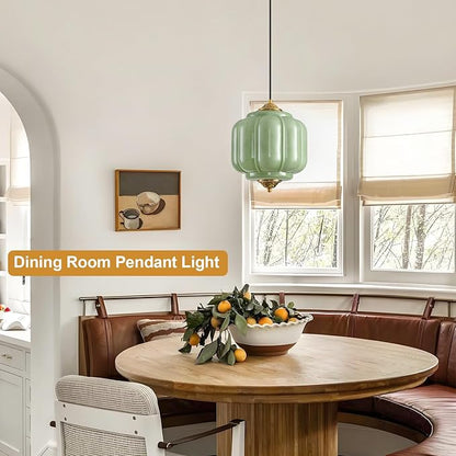 Green Glass Pendant Light, 9in Medium Schoolhouse Light Fixture, LED Bulb Included, Vintage Art Deco Chandelier for Kitchen Island Dining Room Bedroom Hallway, Green & Antique Gold 1 Pack