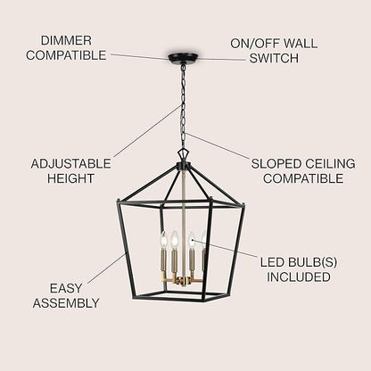 JONATHAN Y 16" Oil Rubbed Bronze/Brass Gold Lantern Pendant Light, 1-Light Pagoda Style Metal Cage Farmhouse Hanging Ceiling Fixture for Kitchen Island, LED Bulb Included (JYL7437D)