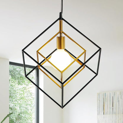 Modern Geometric Chandelier, 1-Light Metal Pendant Light Fixture Black Brass Hanging Ceiling Light Industrial Farmhouse Cube Lighting for Kitchen Island Entryway, E26 Base