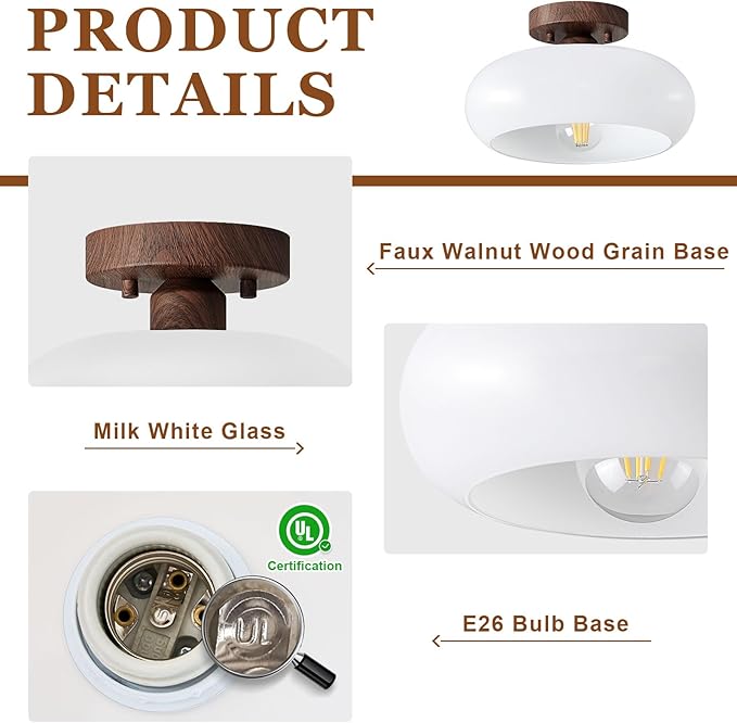 WOKNOS Mid-Century Modern Semi Flush Mount Ceiling Light, Faux Walnut Wood Kitchen Light Fixtures with Glass Shade, Vintage White Close to Ceiling Lamp for Entryway Hallway Bathroom (11.0 Inch)