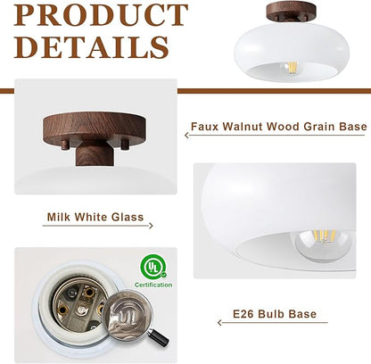 WOKNOS Mid-Century Modern Semi Flush Mount Ceiling Light, Faux Walnut Wood Kitchen Light Fixtures with Glass Shade, Vintage White Close to Ceiling Lamp for Entryway Hallway Bathroom (11.0 Inch)