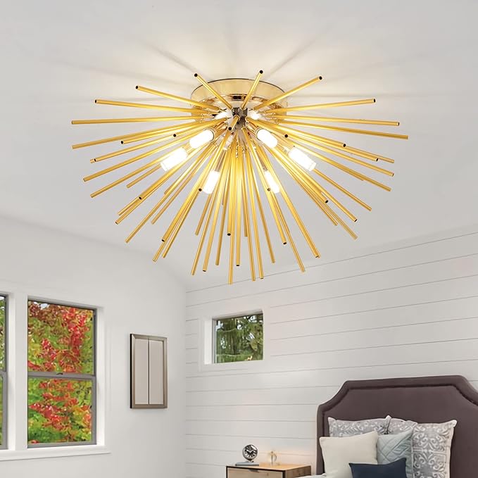 Sputnik Flush Mount Ceiling Light Fixture, 6-Light Gold Firework Ceiling Lights, 19.6" Modern Chandeliers Close to Ceiling Lamp for Bedroom Kitchen Hallway Entryway, G9 Socket