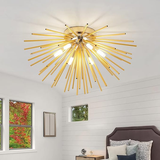 Sputnik Flush Mount Ceiling Light Fixture, 6-Light Gold Firework Ceiling Lights, 19.6" Modern Chandeliers Close to Ceiling Lamp for Bedroom Kitchen Hallway Entryway, G9 Socket