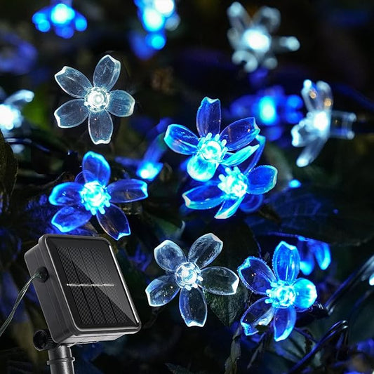 60 LED Solar String Lights Outdoor Waterproof Flower Fairy Lights for Garden Fence Patio Yard Christmas Tree Lawn Wedding Party Decor, Blue and Pure White