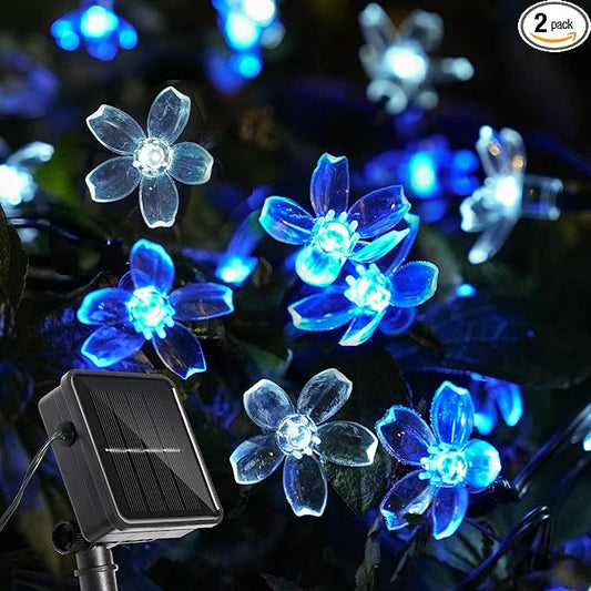 2 Pack Total 52FT 120 LED Solar String Lights Outdoor Waterproof Flower Fairy Lights for Garden Fence Patio Yard Christmas Tree Lawn Wedding Party Decor, Blue and Pure White