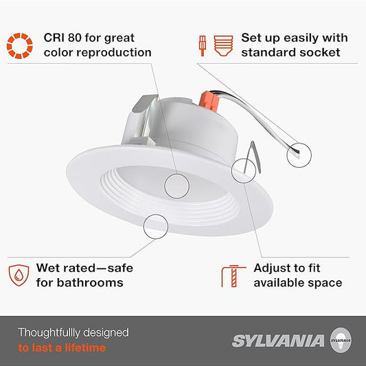 LEDVANCE Sylvania 4” LED Recessed Lighting Downlight with Integrated Trim, 8W=50W, Dimmable, 550 Lumens, White 3000K, Wet Rated/UL/Energy Star - 4 Pack (62027)
