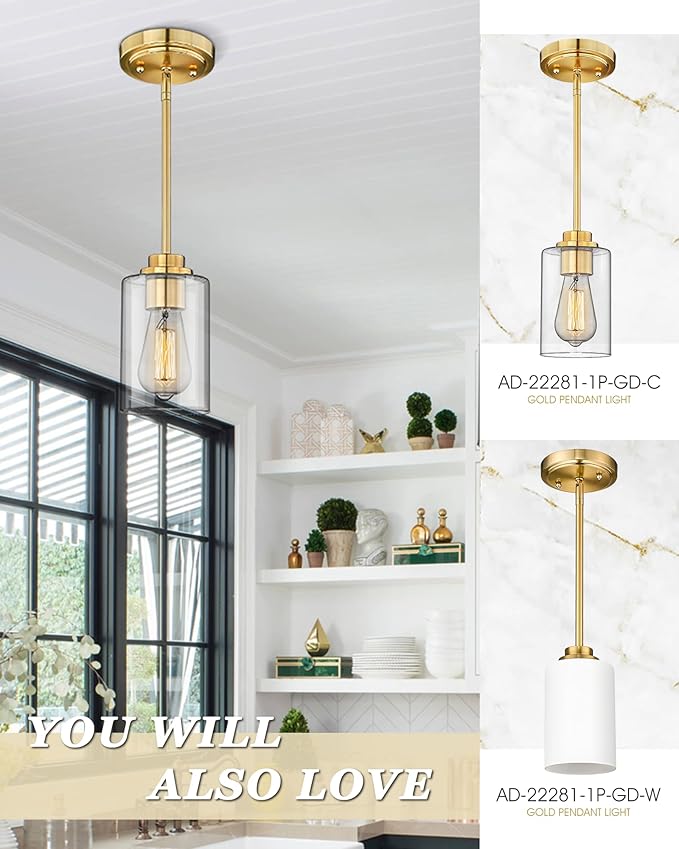 Pendant Lights Kitchen Island, Farmhouse Gold Pendant Lighting with Clear Glass Shade, Kitchen Pendant Lighting Over Island for Dining Room Entryway, AD-22281-1P-GD-C