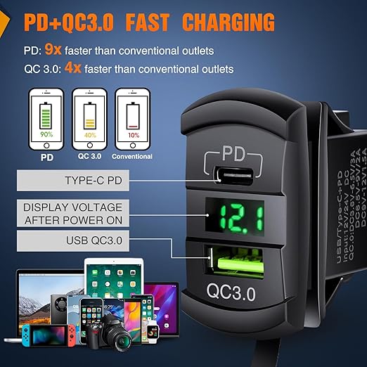 Nilight 4 Gang Rocker Switch Box 12V SPST ON Off Toggle Switches PD Type C and QC 3.0 USB Charger Voltmeter LED Light Waterproof Aluminum Mount Bracket Panel DIY Stickers for Boat Car RV Truck