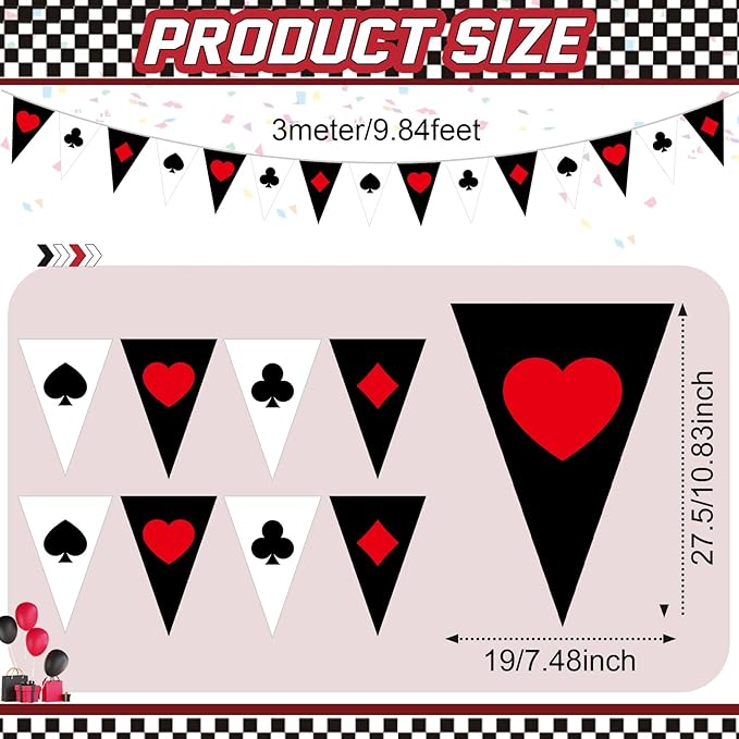 HESTYA 5 Pcs 49 Ft Casino Party Decorations Pennant Banner, Vegas Triangle Flags Garland, Poker Night Bunting with Playing Card Suits, Pre-Strung Paper for Birthday, Casino Night, Blackjack Decor