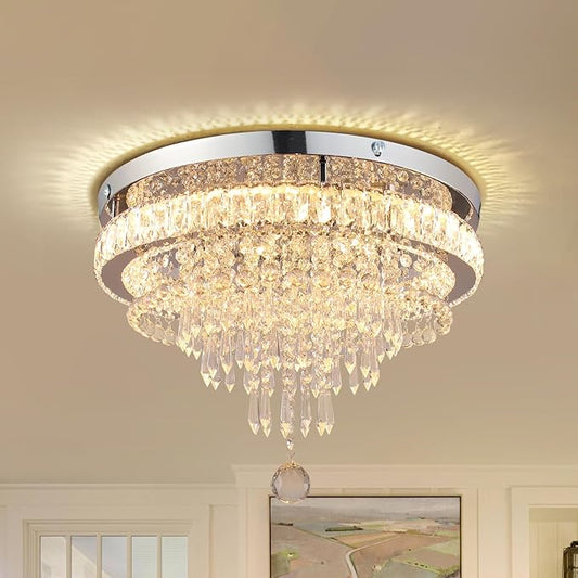 FRIXCHUR 19.7" Modern Crystal Chandelier Ceiling Light LED Chandeliers Flush Mount Ceiling Light Fixture for Bedrooms Living Dining Room Lights 2700K Warm White