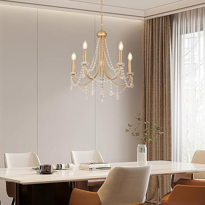 5-Light Farmhouse Chandelier with Crystal Accents, Gold Candle-Style Adjustable Pendant Light for Dining Table, Bedroom, Entryway, Living Room, Kitchen Island, Rustic Modern Ceiling Fixture