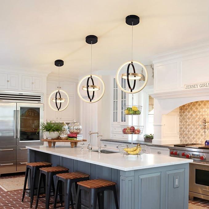 Modern LED Chandelier DIY Creative Chandelier Adjustable Hanging Round Ring 3 Ring 4000K Warm White Light Fixture for Dining Room Bedroom Kitchen Island Hall Black Gold (D = 11.8")