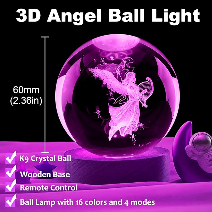Guardian Angel Crystal Ball Lamp,16 Colors Glass Angels Figurine Ball Night Light with Wooden Base and Remote Control, Angels Gifts and Birthday Gift for Women Men Kids (Angel)