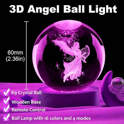Guardian Angel Crystal Ball Lamp,16 Colors Glass Angels Figurine Ball Night Light with Wooden Base and Remote Control, Angels Gifts and Birthday Gift for Women Men Kids (Angel)
